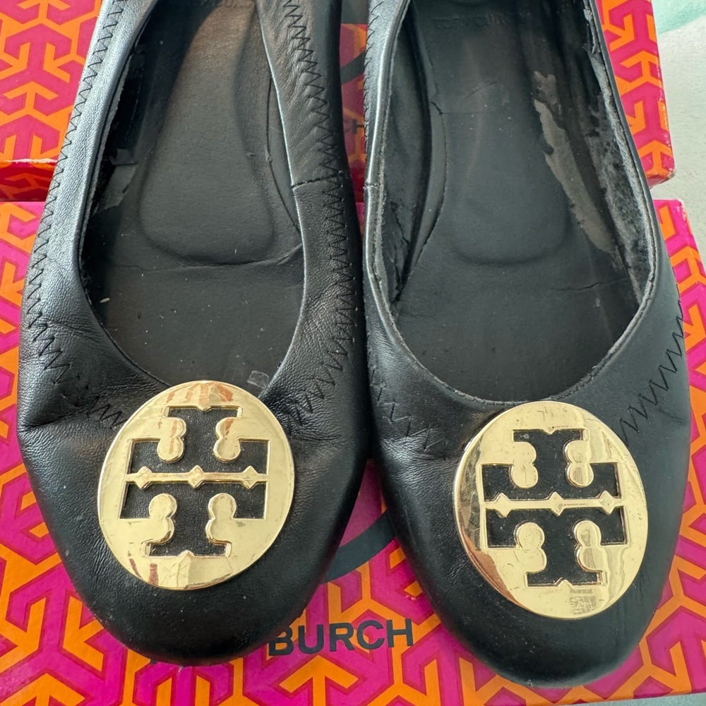 Tory Burch Black Flats with Gold Emblem